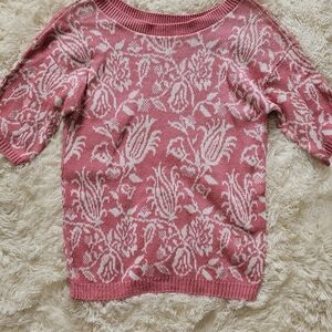 Vintage 1970s Pink Floral Knit Sweater By Cuddle Knit Womens Size Medium